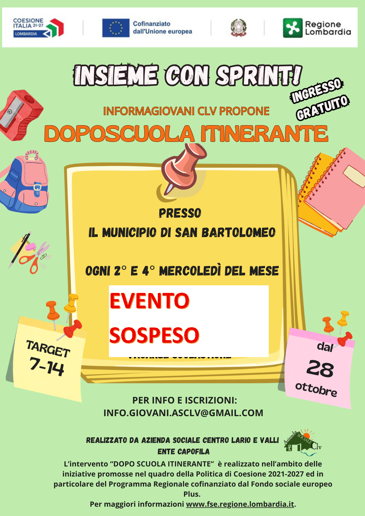 DOPOSCUOLA ITINERANTE_DATE PER L’ANNO SCOLASTICO 2026/2027