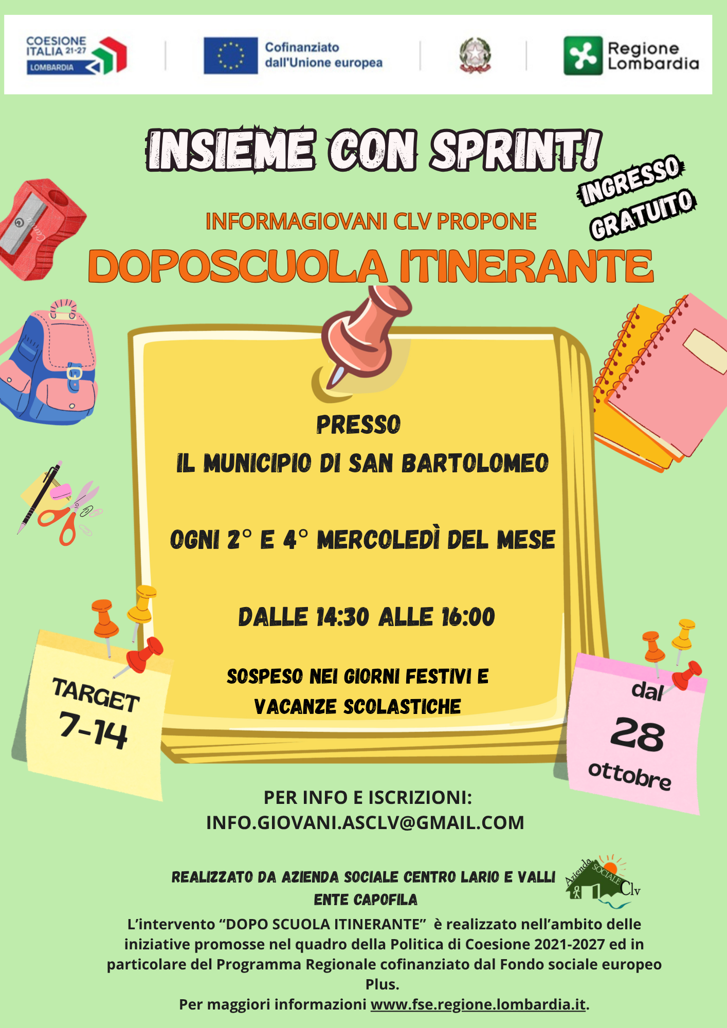 DOPOSCUOLA ITINERANTE DATE PER L’ANNO SCOLASTICO 2026/2027